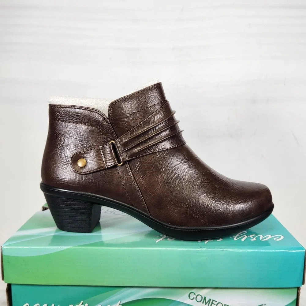 Easy Street Damita Ankle Boots Women Size 10 WIDE Brown Ruched Block Heel Zip